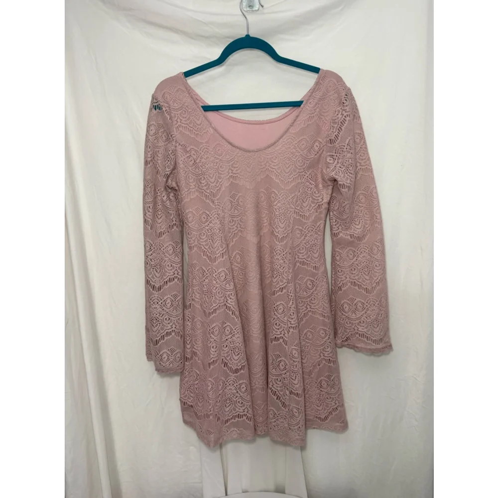 Women's Xhilaration Pink Lace Long Sleeve Dress Size L - Picture 2 of 6